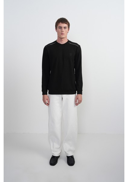 Erkek Omuz Çizgili Bisiklet Yaka Siyah Sweatshirt indirimleri