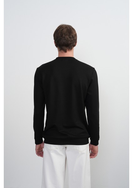 Erkek Omuz Çizgili Bisiklet Yaka Siyah Sweatshirt