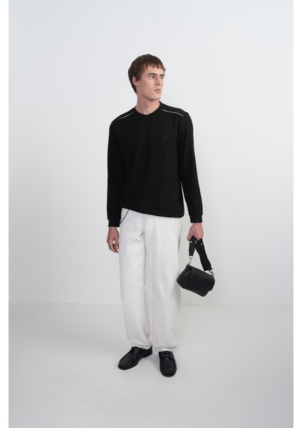 Erkek Omuz Çizgili Bisiklet Yaka Siyah Sweatshirt