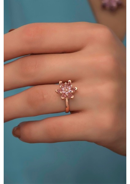 925 Ayar Gümüş Pembe Taşlı Ayarlanabilir Lotus Çiçeği Yüzük