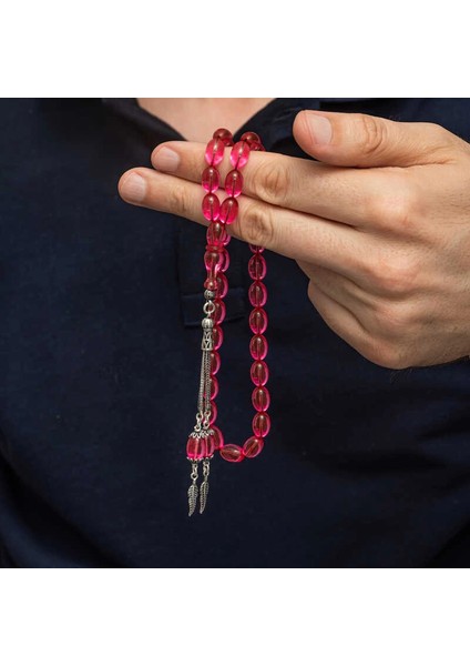 Gümüş Püsküllü Pembe Ateş Kehribar Tesbih fiyatları