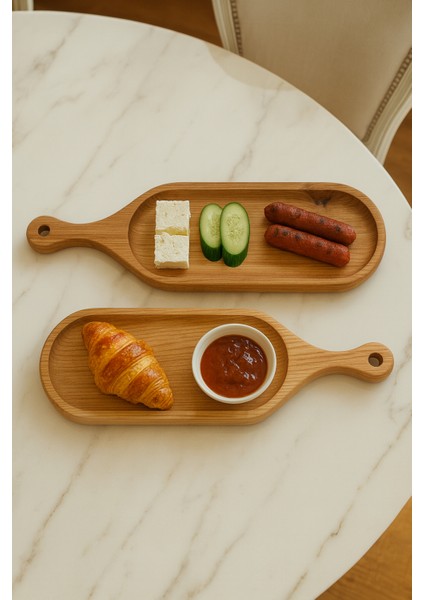 Ashora Ahşap ( Amerikan Dişbudak) 2 Adet Oval Sunum Tabağı, Servis Tabağı, Kahvaltı Tabağı 39X12CM