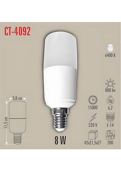 CT-4092 Beyaz Renk 6400K 10 Adet Buji LED Ampul Yüksek Lümen 800LM 8W E-14 Duy Silindir Tasarım modelleri