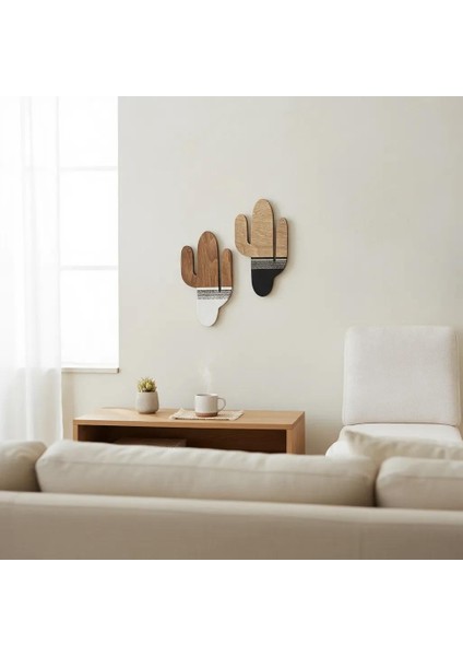 Kaktüs Duvar Süsü, Etnik Desen,kendinden Yapışkanlı, Siyah&beyaz Detaylı, 2li Set, 27X15CM Ölçü