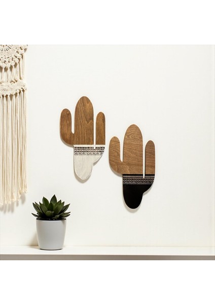 Kaktüs Duvar Süsü, Etnik Desen,kendinden Yapışkanlı, Siyah&beyaz Detaylı, 2li Set, 27X15CM Ölçü