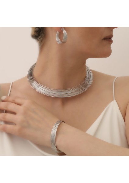Çelik Gümüş Renk Spiral Model Ayarlanabilir Choker Kolye Bileklik Küpe Set