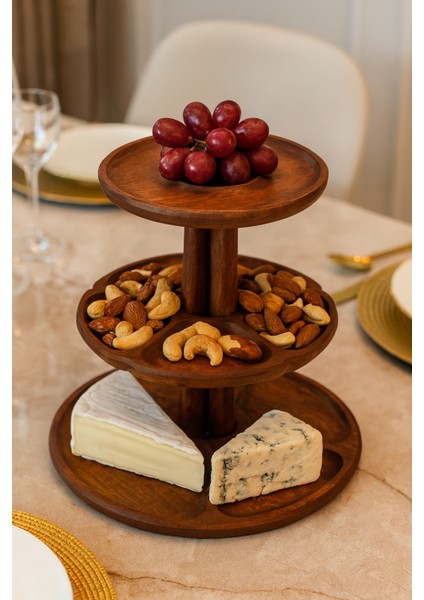 Mapora Ahşap (1.sınıf Kalite Kayın Ağacı) 3 Katlı Sunum Tabağı, Çerez Tabağı, Meyve Tabağı G30XY27CM