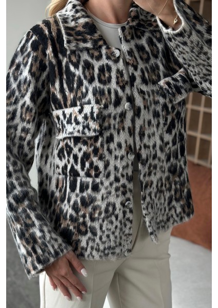 Bej Taş Polo Yaka Leopar Desenli Hırka - 4601 fiyatları