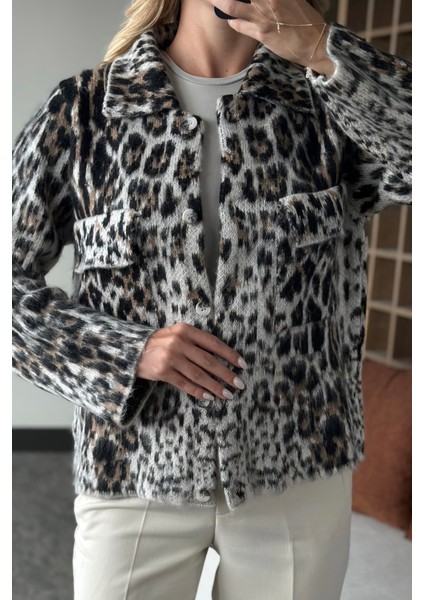 Bej Taş Polo Yaka Leopar Desenli Hırka - 4601 fırsatları