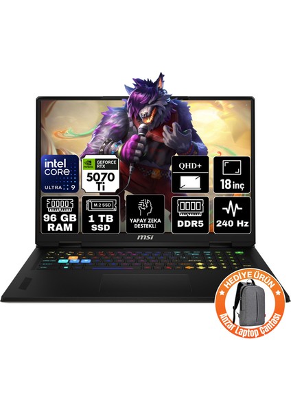 Msı Crosshaır 18 Hx Aı Intel Core Ultra 9 275HX 96GB 1tb SSD RTX5070 8gb Windows 11 Home 18" Qhd+ 240Hz Taşınabilir Bilgisayar A2XWGKG-014TR-A50
