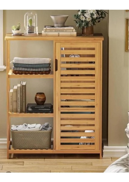 Bambu Çok Amaçlı Düzenleyici Dolap / Banyo Dolabı, Ayakkabılık, 3 Raflı 1 Kapaklı, 66 x 87 x 33