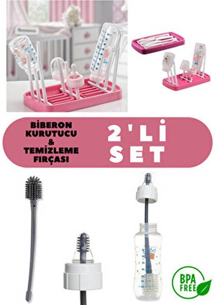 Biberon Kurutucu ve Temizlik Fırçası 2'li Set Pembe BPA İçermeyen Pratik Aksesuar indirimleri