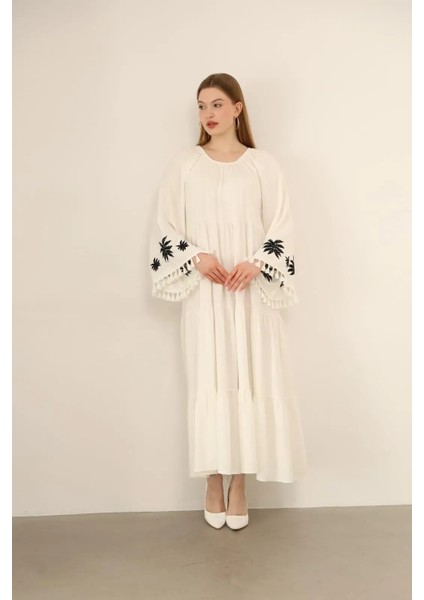 Beyaz Renk Carmen Yaka Ispanyol Kol Elbise
