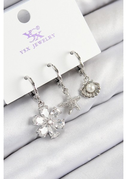 Bfs Pirinç Zirkon Taşlı 3'lü Çiçek ve Istiridye Model Gümüş Renk Kadın Küpe