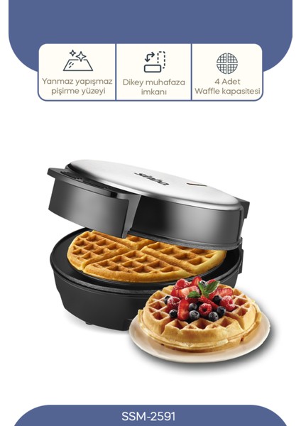 Yapışmaz Belçika Waffle Makinesi, 1000W, Siyah