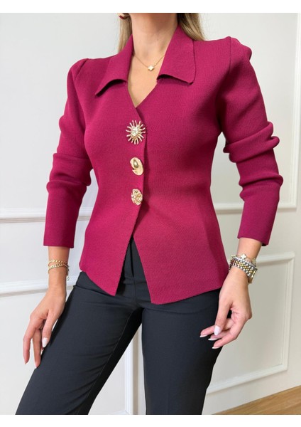 Bordo Gold Düğmeli Çelik Hırka