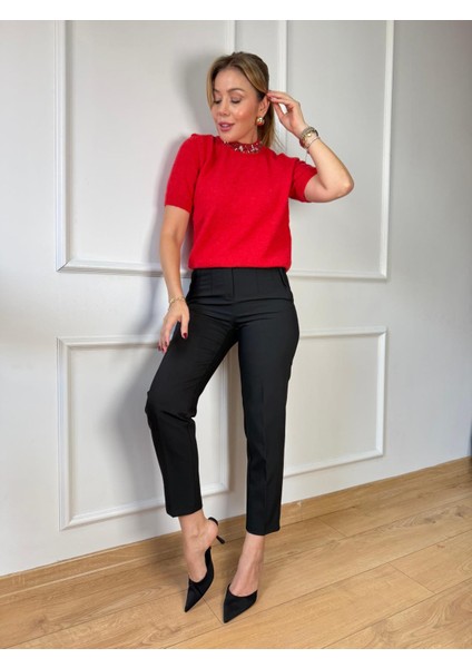 Kırmızı Yarım Kol Yaka Taşlı Kazak modelleri