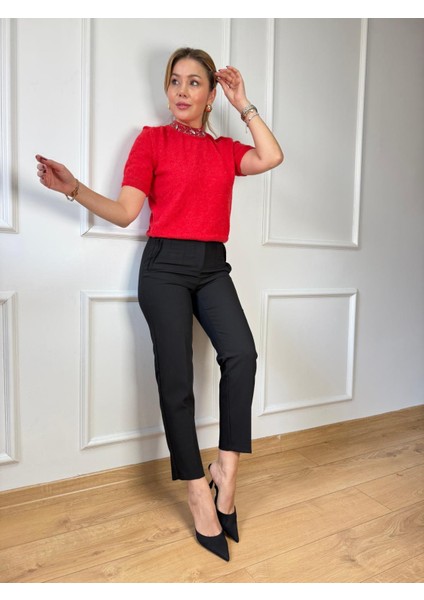 Kırmızı Yarım Kol Yaka Taşlı Kazak indirimleri