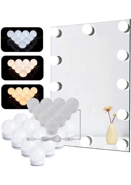 Bfs Nostalji Hollywood Tarzı 10LU Makyaj Masası Aynası Beyaz LED Işıklı A USB