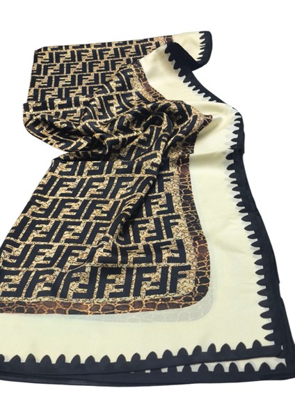 F Desen Vual Ipek Şal Krem Siyah