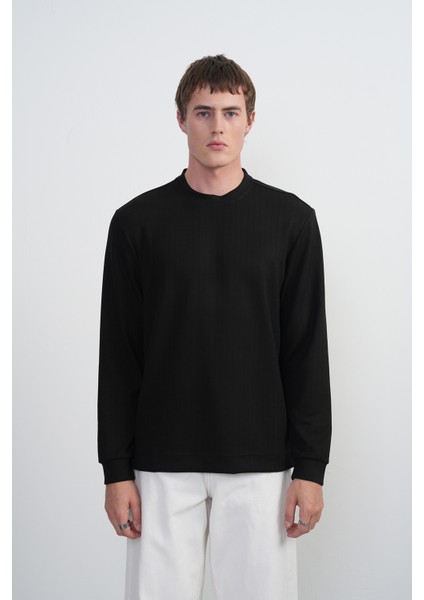 Erkek Bisiklet Yaka Çizgili Kumaş Siyah Sweatshirt