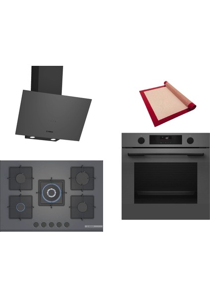 Gri 3 Lü Ankastre Set 390 ( HUA736EN0T - PNQ7B9P30O - DWK64PJ70T ) 75CM Wok Bek Ocak - Buhar Destekli - Pişirme Matı ile