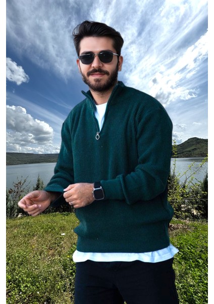 Erkek Triko Kazak Fermuarlı Dik Yaka