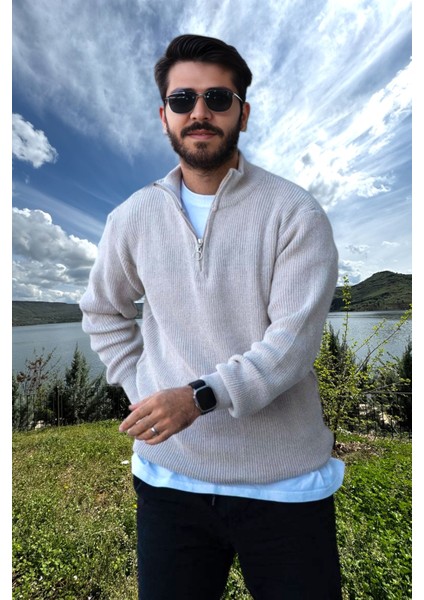 Erkek Triko Kazak Fermuarlı Dik Yaka