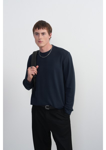 Erkek Bisiklet Yaka Çizgili Kumaş Laci Sweatshirt
