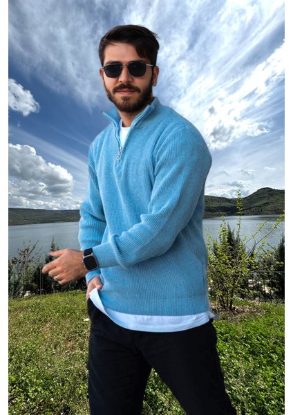 Erkek Triko Kazak Fermuarlı Dik Yaka