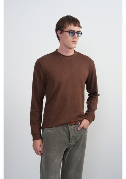Erkek Bisiklet Yaka Çizgili Kumaş Kahve Sweatshirt