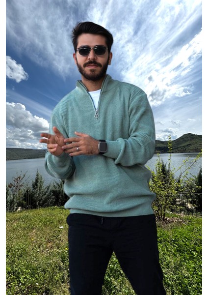 Erkek Triko Kazak Fermuarlı Dik Yaka