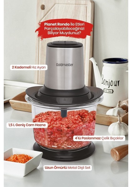 1.5 Lt Cam Hazneli 2 Kademe Ayarlı 4 Bıçaklı Doğrayıcı Gri