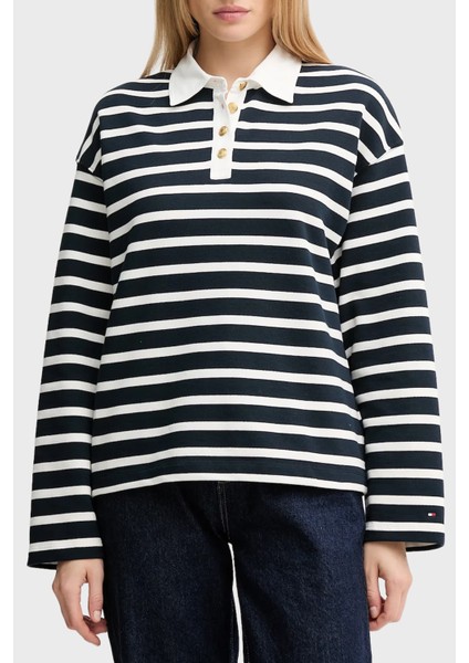 Şeritli Pamuklu Relaxed Fit Düğmeli Polo Yaka Sweat Bayan Polo Yaka Sweat WW0WW47457 0y7