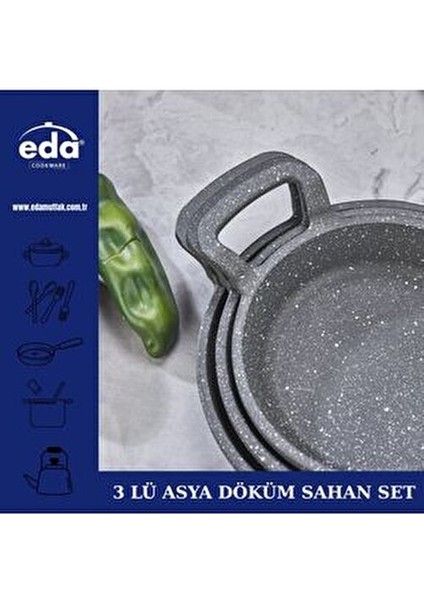 Granit Kaplamalı Düz Tava Seti 3'lü 18 cm 20 cm 22 cm Gri Renkli Pratik Kullanım