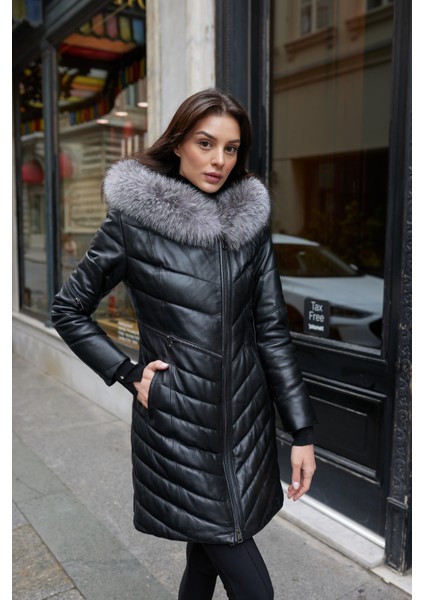 Dravon Hakiki Deri Kürk Uzun Kaban Siyah