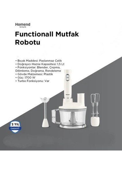Pratik ve Güçlü 2850H Çok Fonksiyonlu Mutfak Robotu, Beyaz Renkli.