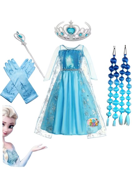 Ellsa Karlar Ülkesii Kostümü Elbise + Elsa Bubble Saç + Elsa Taç-Asa + Elsa Eldiven Doğum Günü Parti