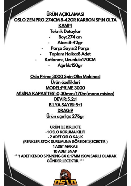 Zen Pro 274CM 8-42GR Oslo Prime 3000 Spin Olta Seti fiyatları