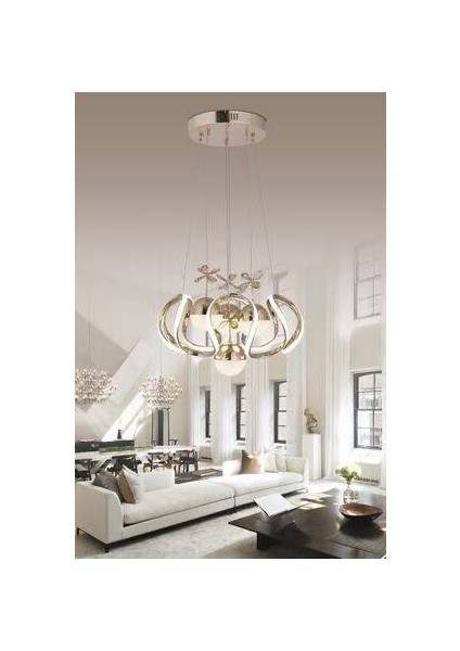 Badem 6'lı 3 Top LED Avize -Gold Kasa - 3 Renk Kumandalı - Cam Kelebekli