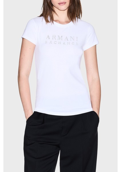 Taşlı Logolu % 100 Pamuk Slim Fit Bisiklet Yaka T Shirt Bayan T Shirt XW001349 AF17173 U0002