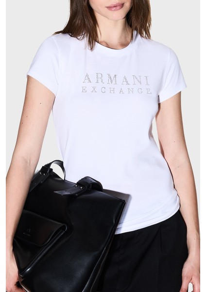 Taşlı Logolu % 100 Pamuk Slim Fit Bisiklet Yaka T Shirt Bayan T Shirt XW001349 AF17173 U0002 fırsatları
