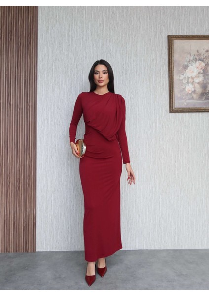 Yarasa Kol Asimetrik Büzgülü Elbise