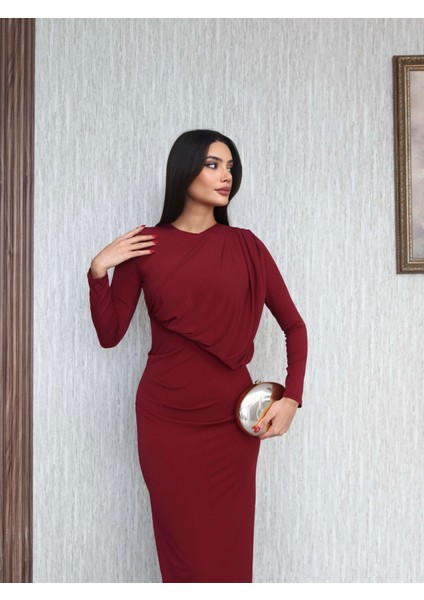 Yarasa Kol Asimetrik Büzgülü Elbise fiyatları