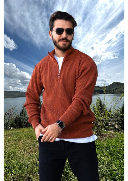 Erkek Triko Kazak Fermuarlı Dik Yaka