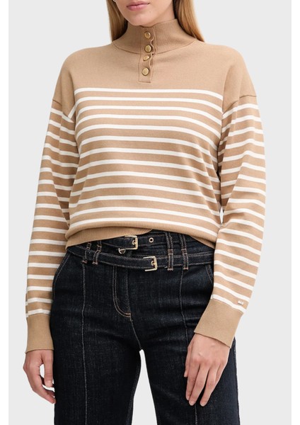 Şeritli Pamuklu Regular Fit Düğmeli Balıkçı Yaka Kazak Bayan Kazak WW0WW47467 0AF