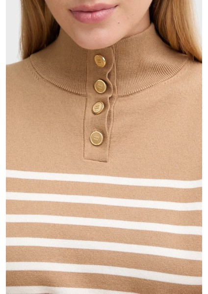 Şeritli Pamuklu Regular Fit Düğmeli Balıkçı Yaka Kazak Bayan Kazak WW0WW47467 0AF fırsatları