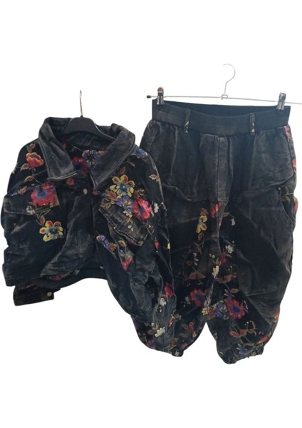 Benzersiz Avrupa Tarzı Kırıkyama Çiçek Desenli Kot Ceket + Şalvar Tipi Pantalon, Oversize Yıkanmış Eski Kısa Ceket + Kavanoz Tipi Pantalon