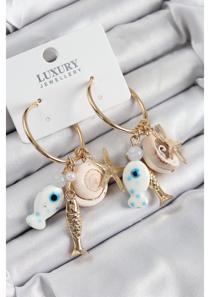 Bfs Pirinç Sallantılı Seramik Balık ve Deniz Kabuğu Model Gold Renk Kadın Küpe