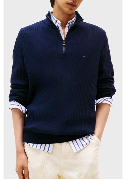 Pamuk ve Kaşmir Karışımlı Regular Fit Dik Yaka Kazak Erkek Kazak MW0MW40448 Dw5